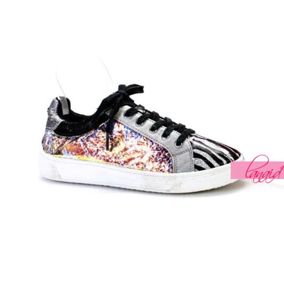 Steve Madden Jparka Sneakers Black Zebra Shiny Iridescent Holographic Mermaid 5 - Picture 2 of 11